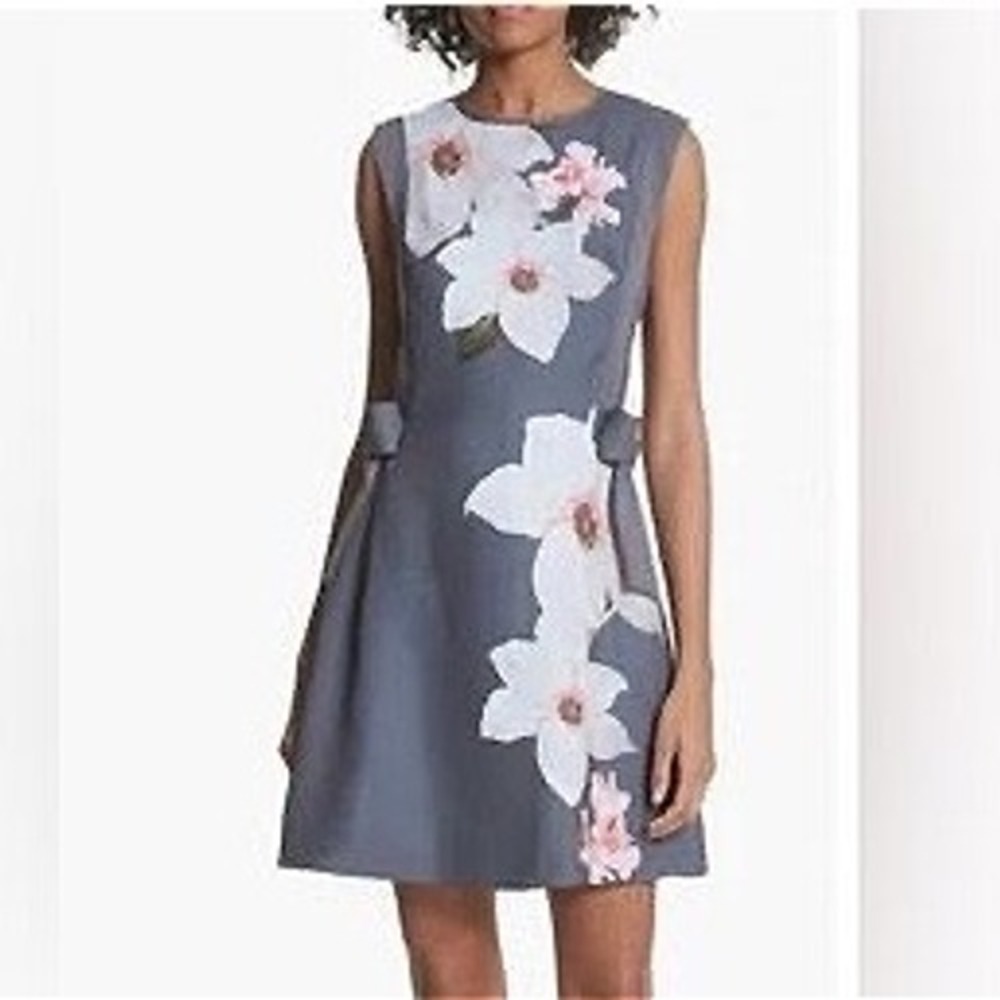 Ted Baker Tammee Floral Bow Shift Dress Gray Pink Rose Gold Zip Size 5 US 12